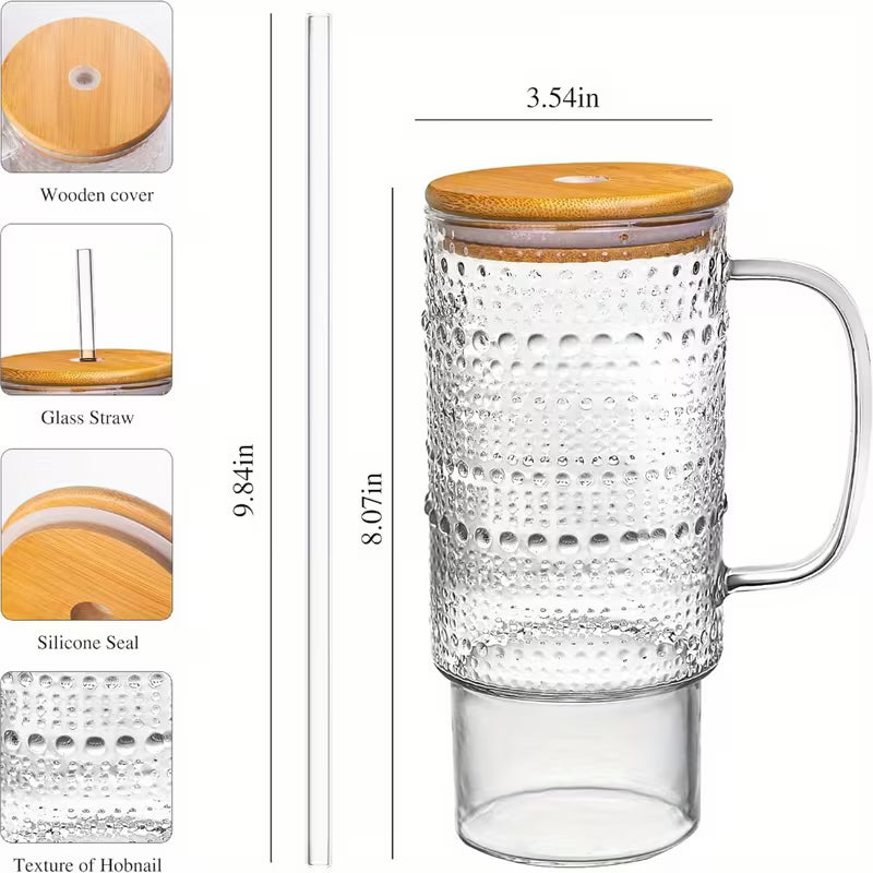 32oz Beaded Glass Tumbler with Bamboo Lid & Straw