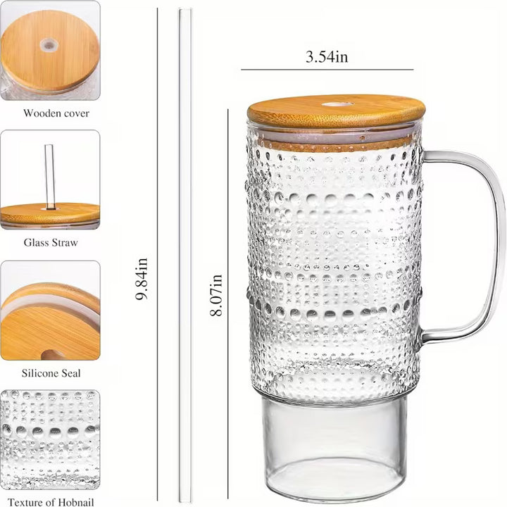 32oz Beaded Glass Tumbler with Bamboo Lid & Straw