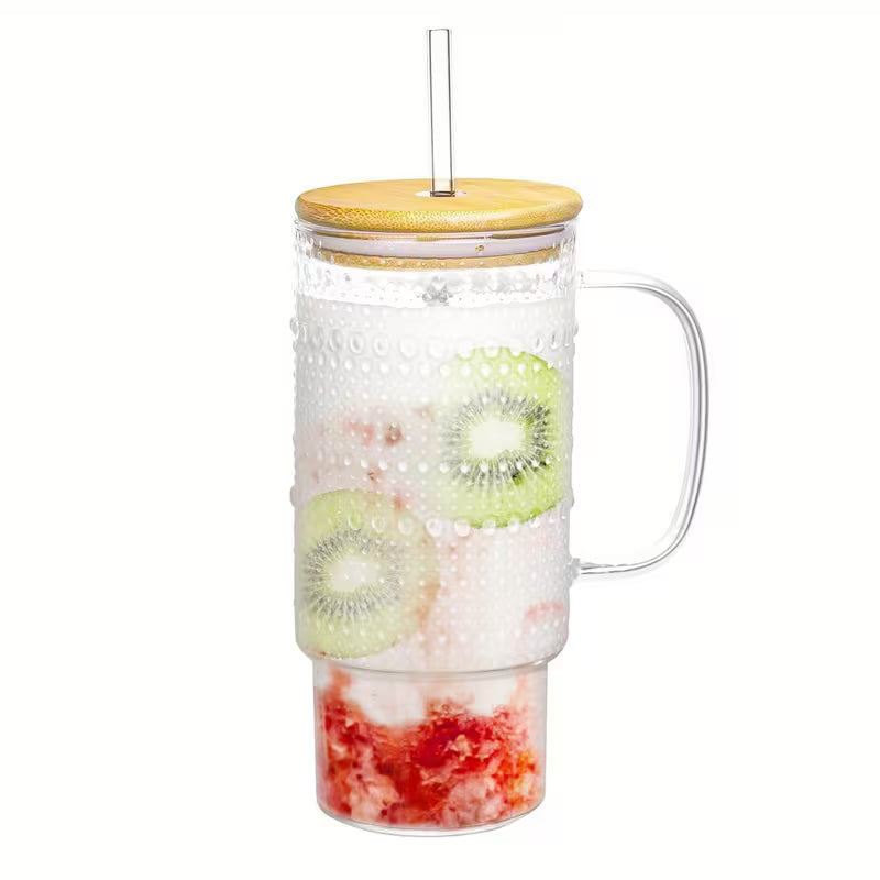 32oz Beaded Glass Tumbler with Bamboo Lid & Straw