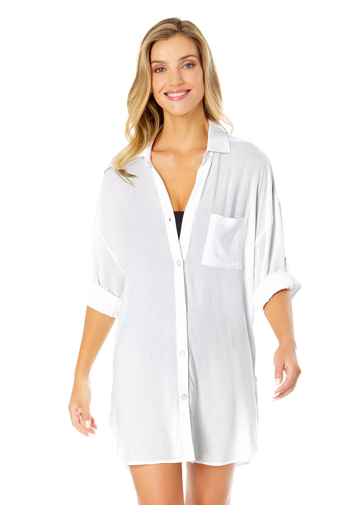 Anne Cole Boyfriend Button Down Shirt Swimsuit Cover Up - Womens Casual Coverups - Big Sun Vernon  | Okanagan Beachwear