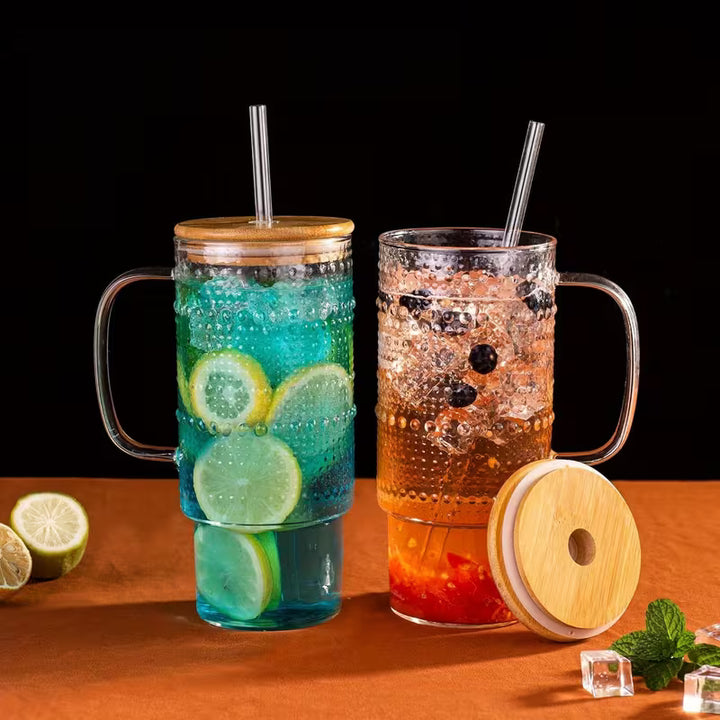 32oz Beaded Glass Tumbler with Bamboo Lid & Straw