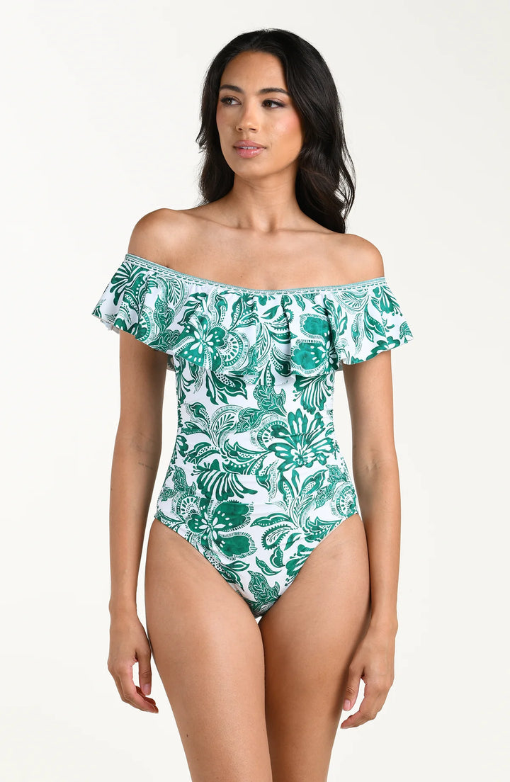La Blanca Botanical Brocade Off the Shoulder Ruffle One Piece