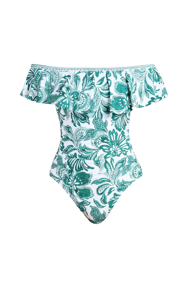 La Blanca Botanical Brocade Off the Shoulder Ruffle One Piece