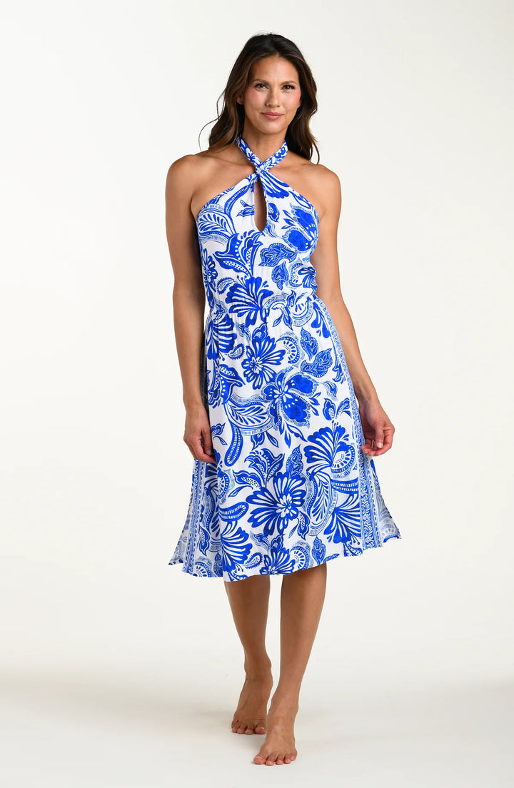 La Blanca Botanical Brocade Knotted Halter Midi Dress