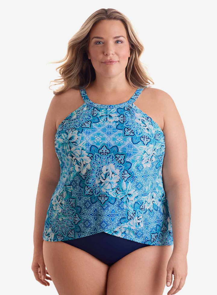 Penbrooke Barcelona Blues High Neck Plus Size Tankini - Womens Tankini Bikini Tops - Big Sun Vernon  | Okanagan Beachwear