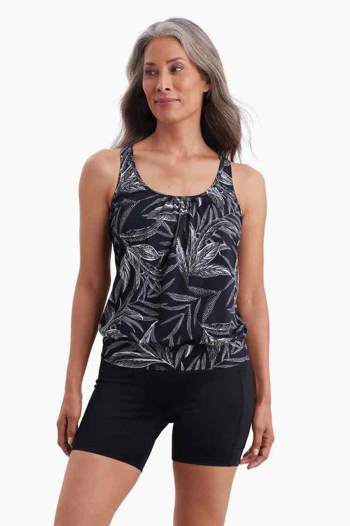 Shape Solver Leaf Encounter Shirred Neck Blouson Tankini