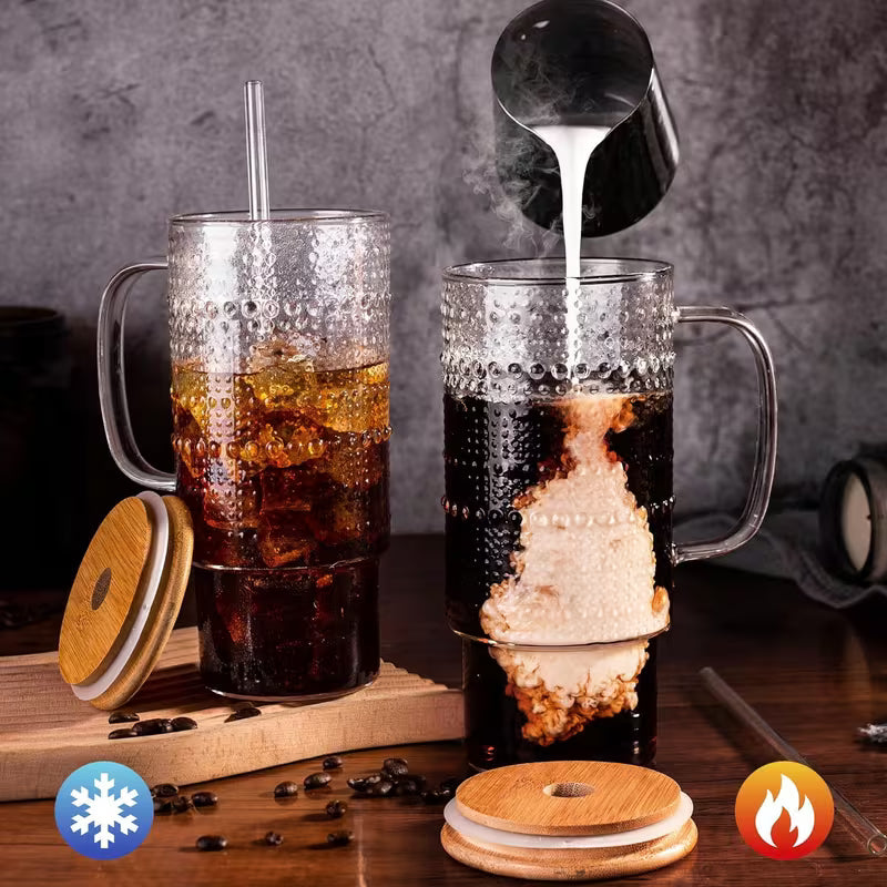 32oz Beaded Glass Tumbler with Bamboo Lid & Straw
