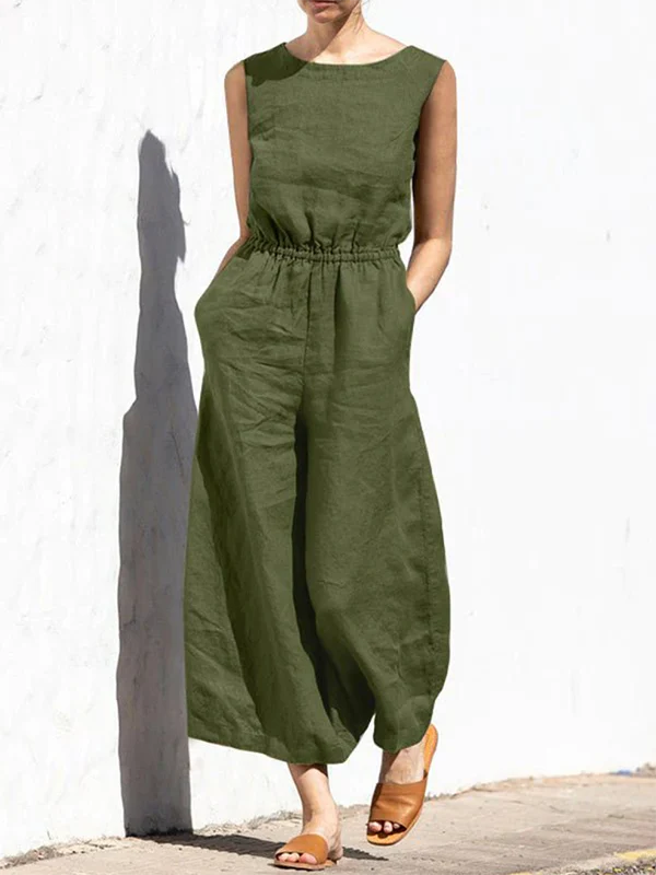 PlushLooks Sleeveless Wide Leg Round-Neck Jumpsuit