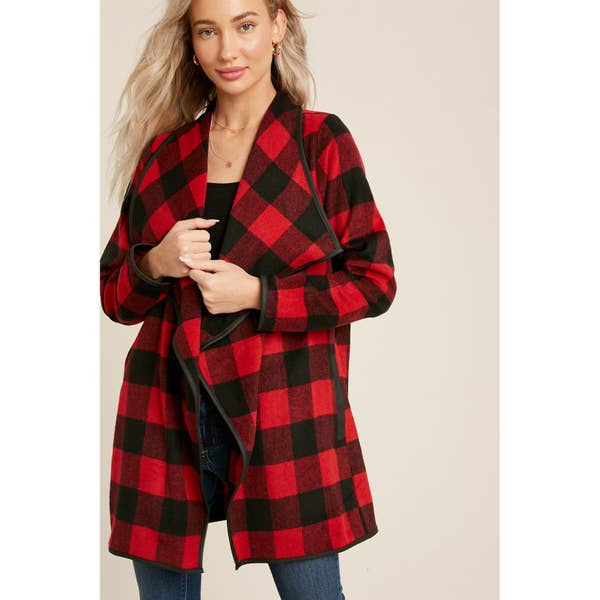 Orion Buffalo Plaid Drape Front Jacket - Womens Sweaters - Big Sun Vernon