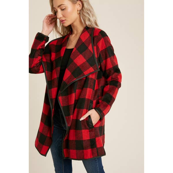 Orion Buffalo Plaid Drape Front Jacket - Womens Sweaters - Big Sun Vernon