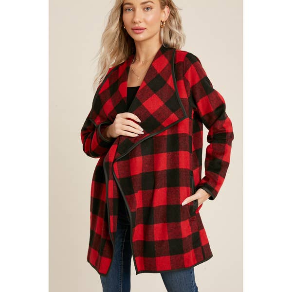 Orion Buffalo Plaid Drape Front Jacket - Womens Sweaters - Big Sun Vernon