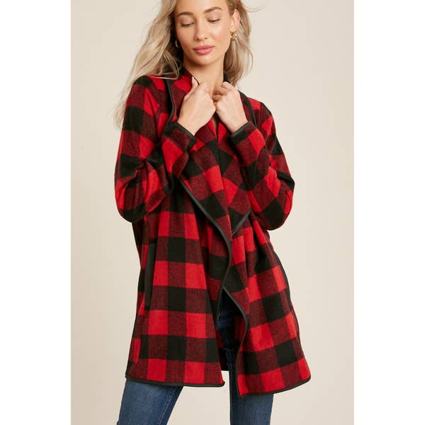 Orion Buffalo Plaid Drape Front Jacket - Womens Sweaters - Big Sun Vernon
