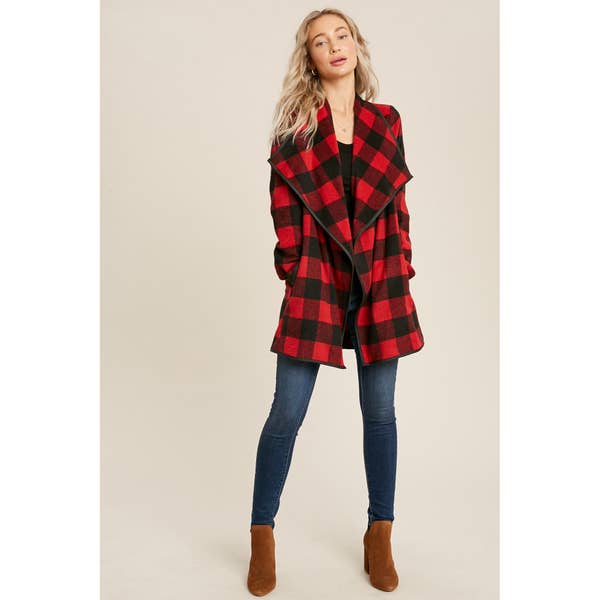 Orion Buffalo Plaid Drape Front Jacket - Womens Sweaters - Big Sun Vernon