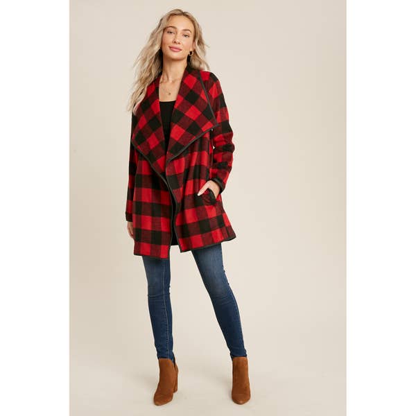 Orion Buffalo Plaid Drape Front Jacket - Womens Sweaters - Big Sun Vernon