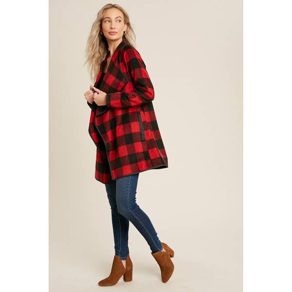 Orion Buffalo Plaid Drape Front Jacket - Womens Sweaters - Big Sun Vernon